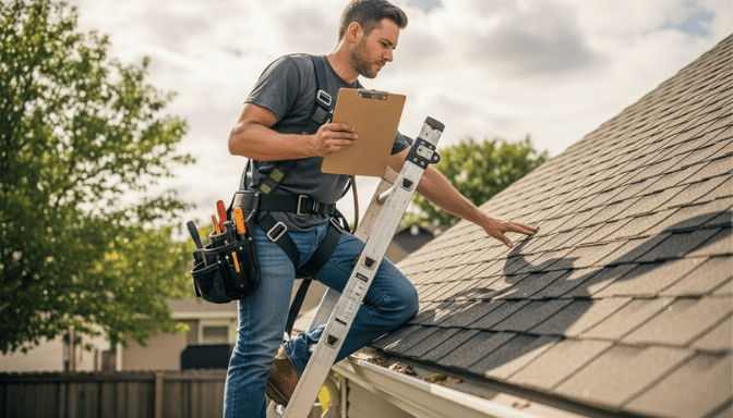 Professional roofer conducting roof inspection