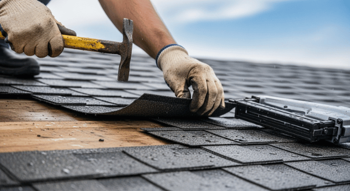 Professional roofer repairing roof shingles