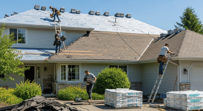 Professional team replacing a residential roof